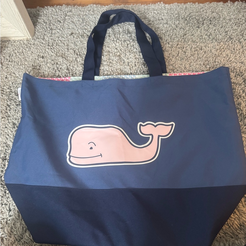 Navy Blue Tote Bag with Pink Whale